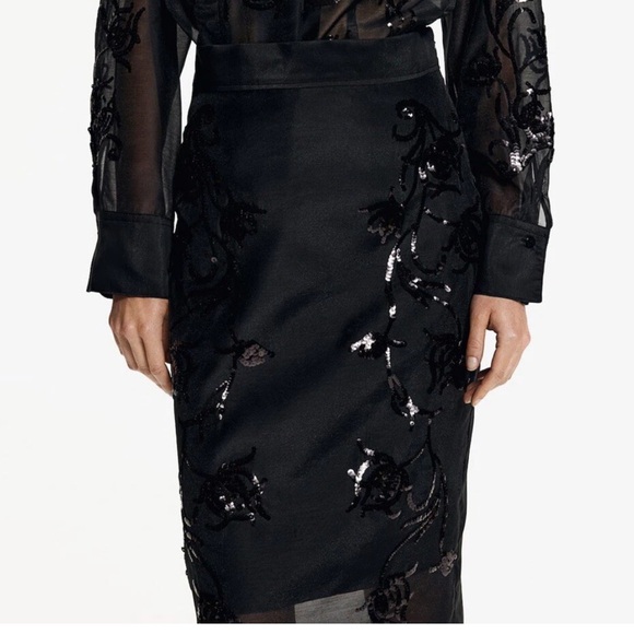 H&M black embellished sequin floral design mesh organza lined midi skirt - Picture 4 of 4